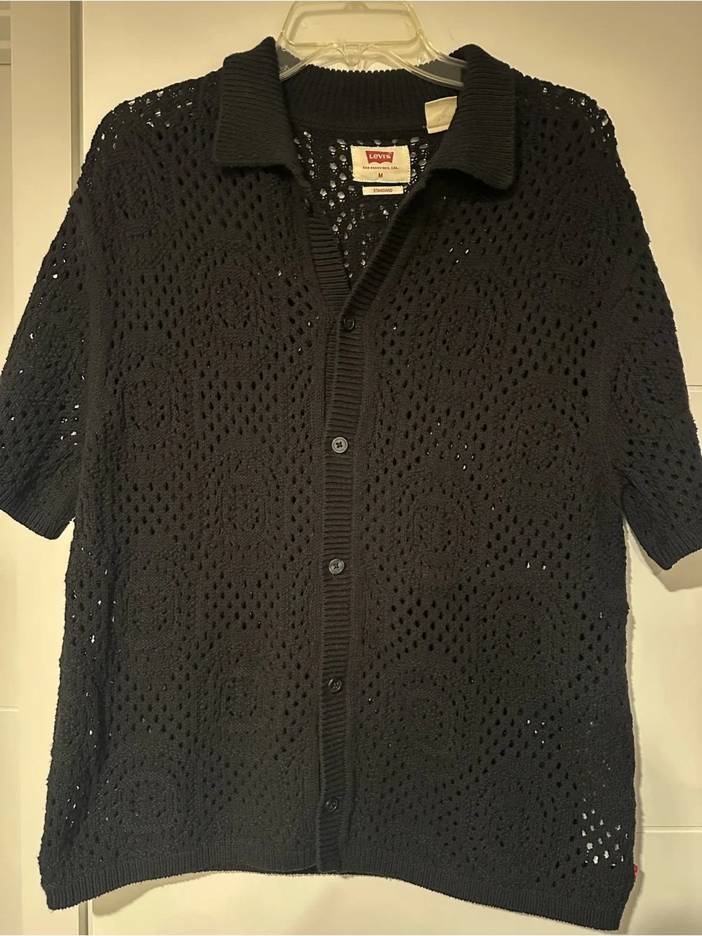 Levi’s Men’s Black Crochet Open-Knit Button-Up Shirt – Size M.